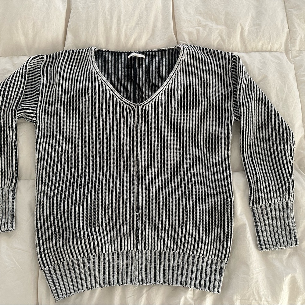 Boheme Black and White Striped V-Neck Sweater
